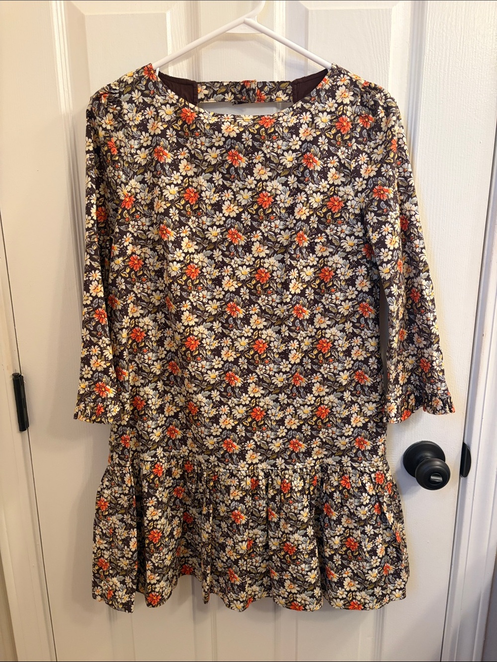 Free People Floral Long-Sleeve Drop Hem Dress in Brown, Cream, Orange